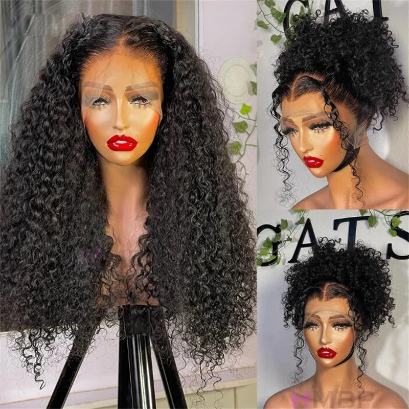 Natural Black Glueless Long Kinky Curly 180Density 26inch Deep Lace Front Wig For Women With Baby Hair Preplucked Daily