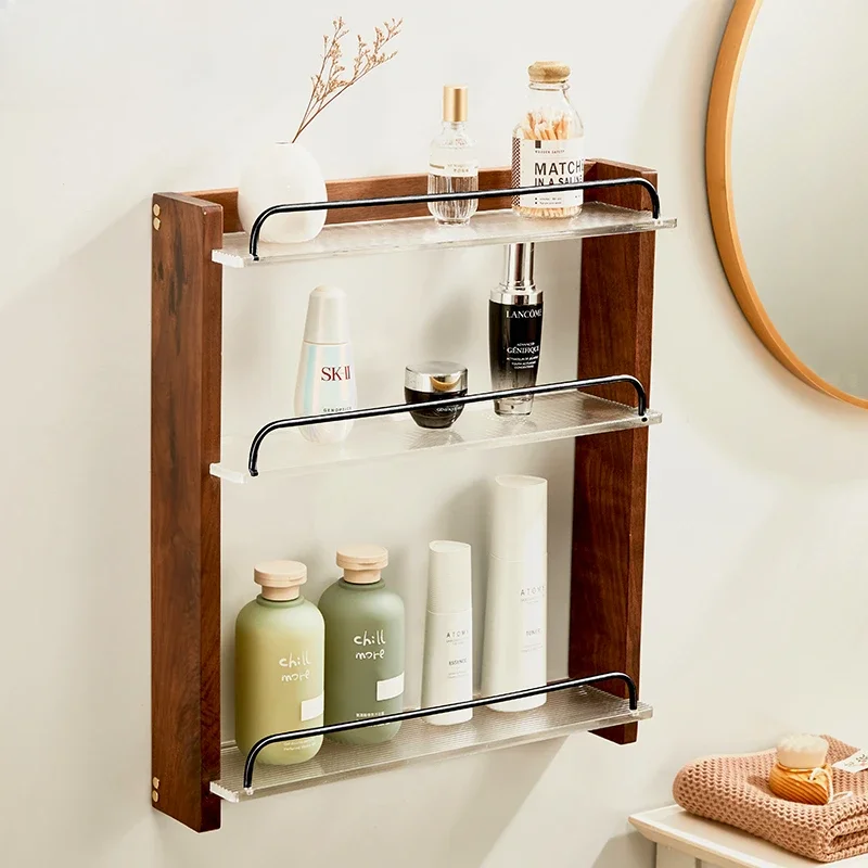 Black Walnut Bathroom Storage Holders Wall Hanging 2-3 Layer Acrylic Organizer No Punching Required Stylish Bathroom Storage