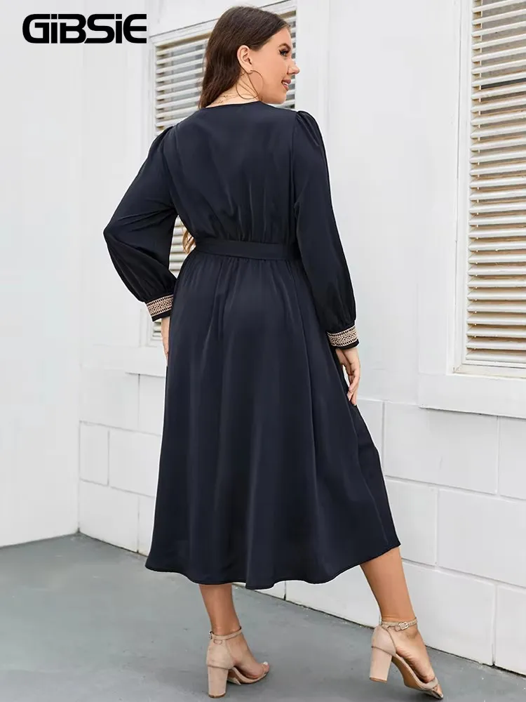 GIBSIE Plus Size Contrast Lace V-Neck Bishop Sleeve Belted Dress Women Spring Fall Elegant Street A-line Casual Long Dresses