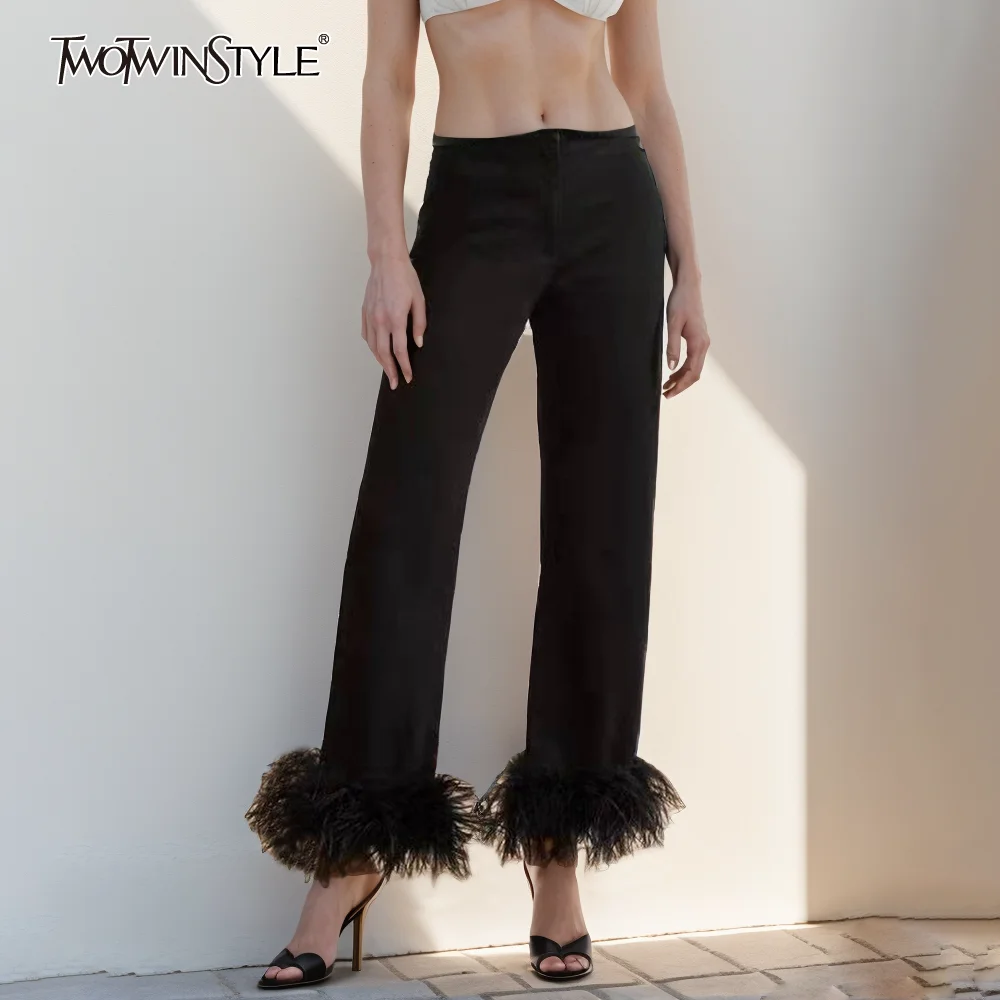 TWOTWINSTYLE Minimalist Black Pants For Women High Waist Solid Patchwork Feathers Trousers Female Korean Fashion Clothing Style