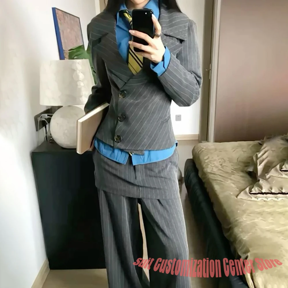 

Серый облегающий женский брючный комплект в тонкую полоску, двубортный пиджак, костюм из 2 предметов, офисная женская одежда в винтажном стиле, повседневная современная одежда
