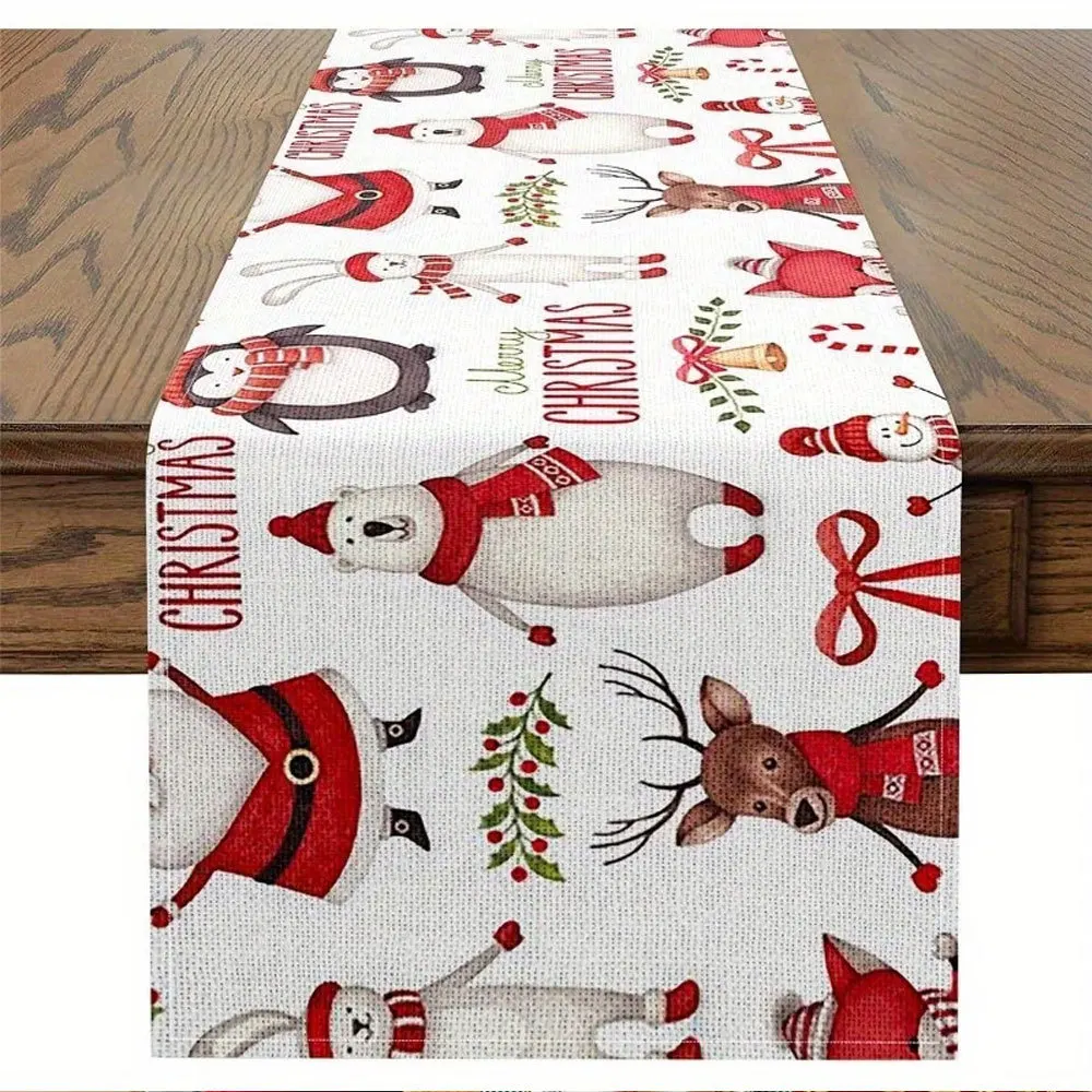 Linen Table Runner Black Snowman Street Lamp Winter Print Christmas Table Decor Holiday Dinner Party
