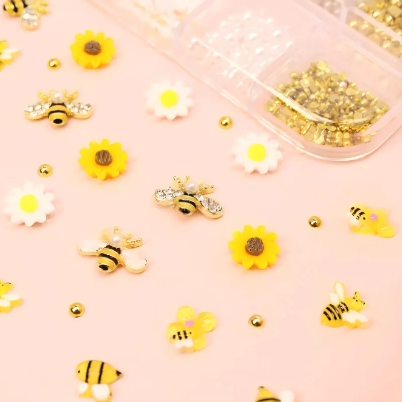 12grids Bee Sunflower Themed Nail Art Charms Set, 3D Bee Daisy Rhinestone Mix with Tweezers + Dotting Pen, Spring Summer Fresh F
