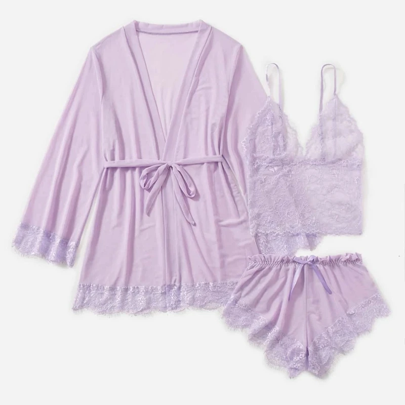 

Sexy Lace Solid 3Pcs Pajamas Long Sleeve Robe Slip Cami Sheer Top And Shorts Plus Size Women's Sleepwear Adults' Lingerie Set