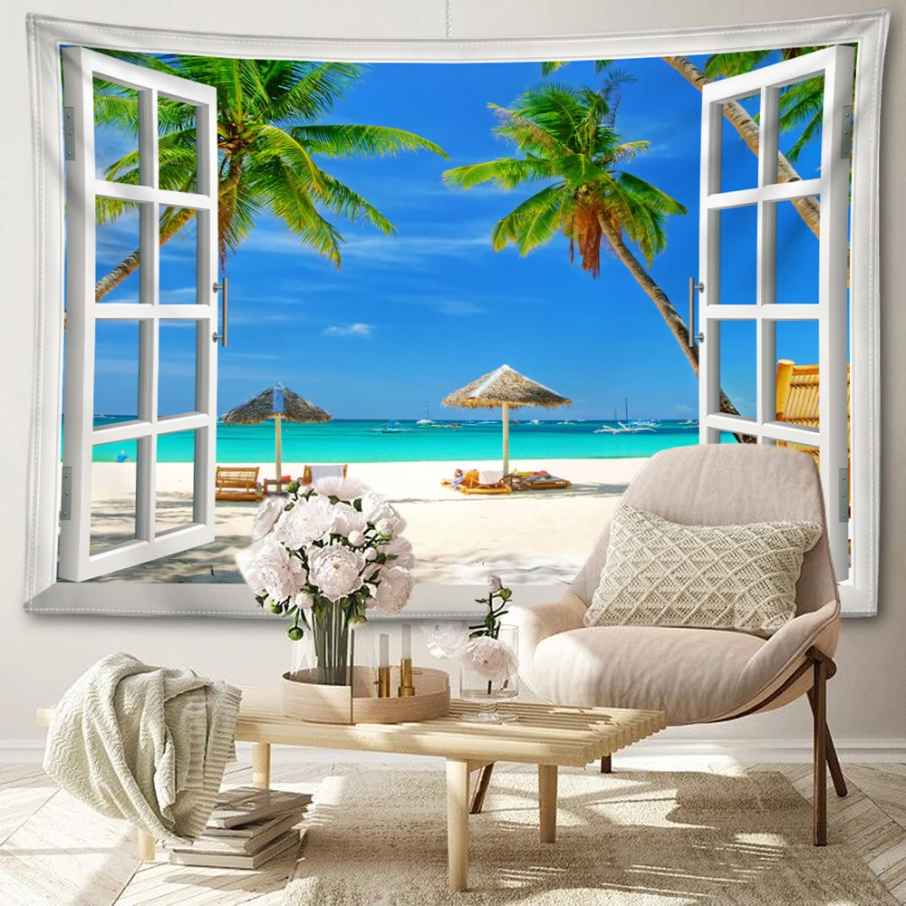 Ocean beach holiday window printed tapestry, natural scenery room bedroom study living room wall hanging art wall decoration