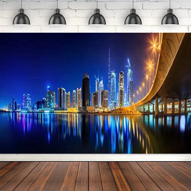 Photography Backdrop Cityscape Panorama Skyline Downtown Night Scene Skyscraper Urban Shining Lights Bridge Landscape Background