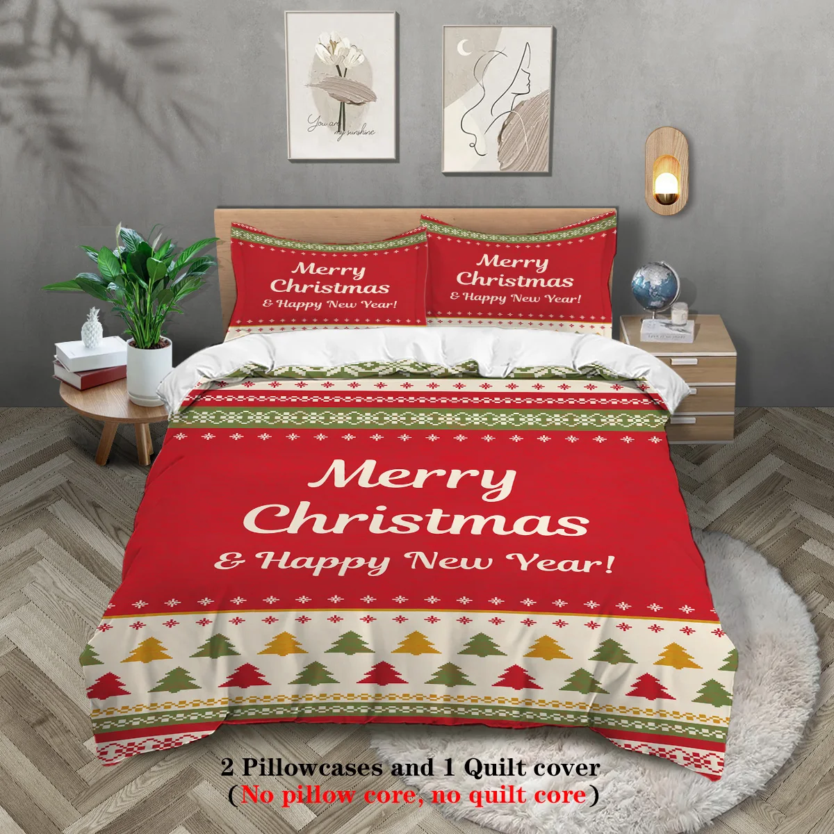 

3-piece Christmas themed Merry Christmas English graphic print (1 duvet cover+2 pillowcases, no core) soft bedding set