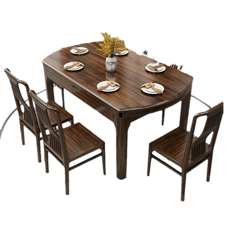 Dining table and chairs solid wood combination ebony full Chinese square and circle retractable small apartment folding