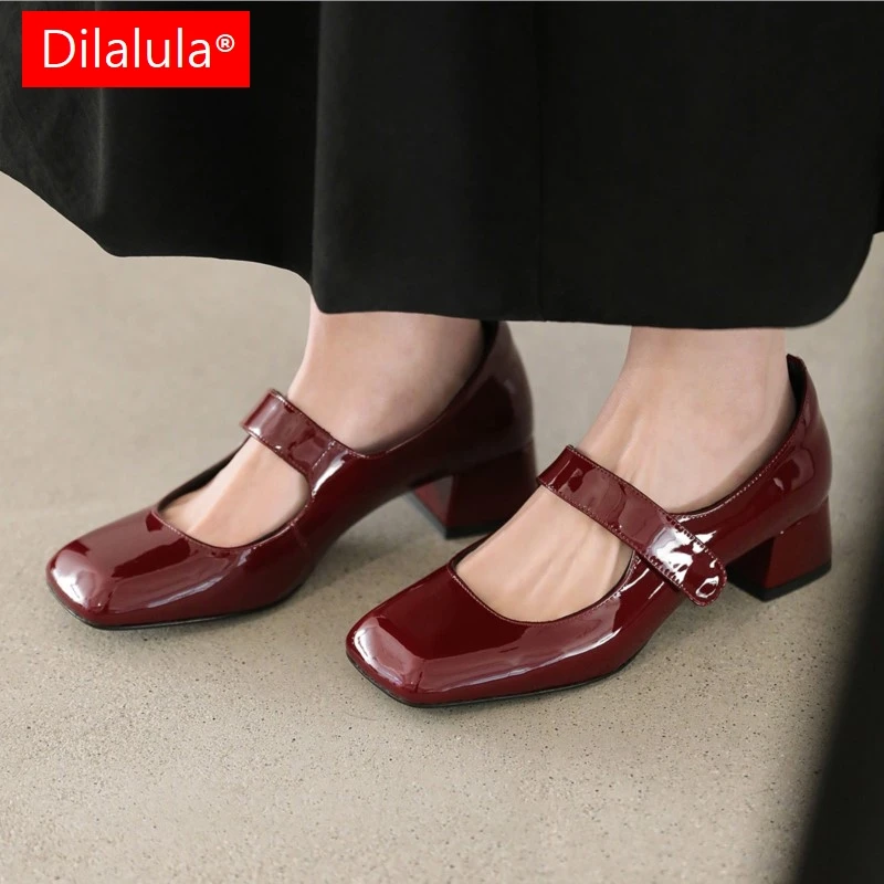 Dilalula 2026 Fashion Patent Cow Leather Women Mary Janes Shoes Med Heels hook&loop Pumps Lady Party Dating Wine Red Dress Shoes