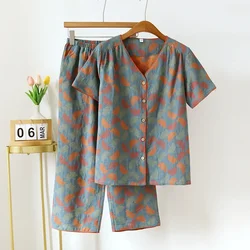 2024 Spring/Summer New Women's Pajama Set 100% Cotton Short Sleeve+Capris Two Piece Set for Large Flower Thin Home Furnishing