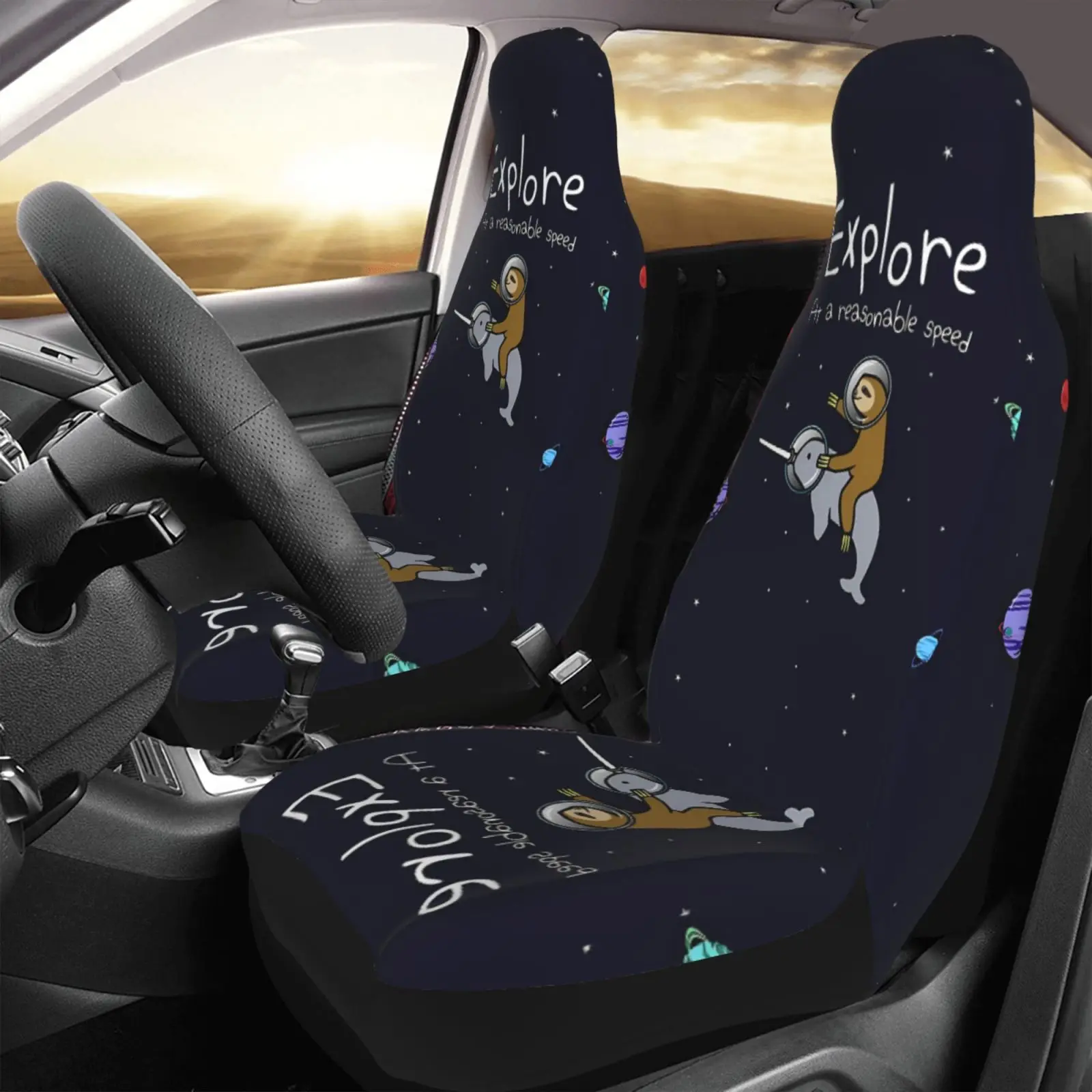 Sloth Riding Dolphin in Space Pattern Car Parts Seat Cover 2 Pieces Universal for Car Seat Protection Cover for Men and Women