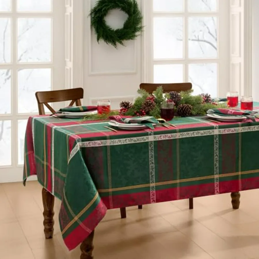 

Home Fashions Merry Festive Woven Jacquard Christmas Plaid Cotton Blend Holiday Tablecloth 52x70 Rectangle in Red and Green wit