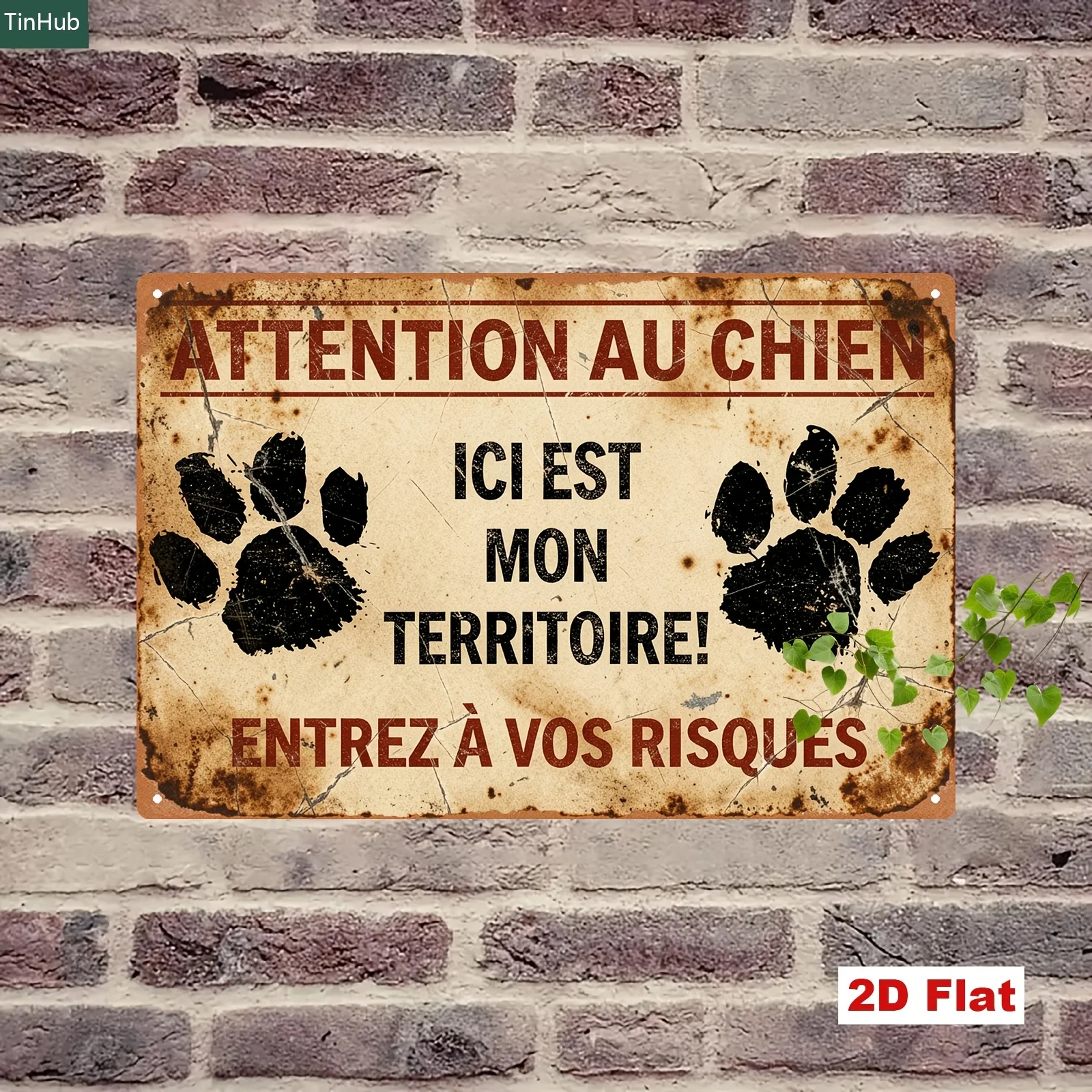 2D Flaches Metall-Hundewarnschild 20x30cm Eisen Retro Französischer Spruch Lustige Garten-Veranda-Tierladen-Wanddekoration