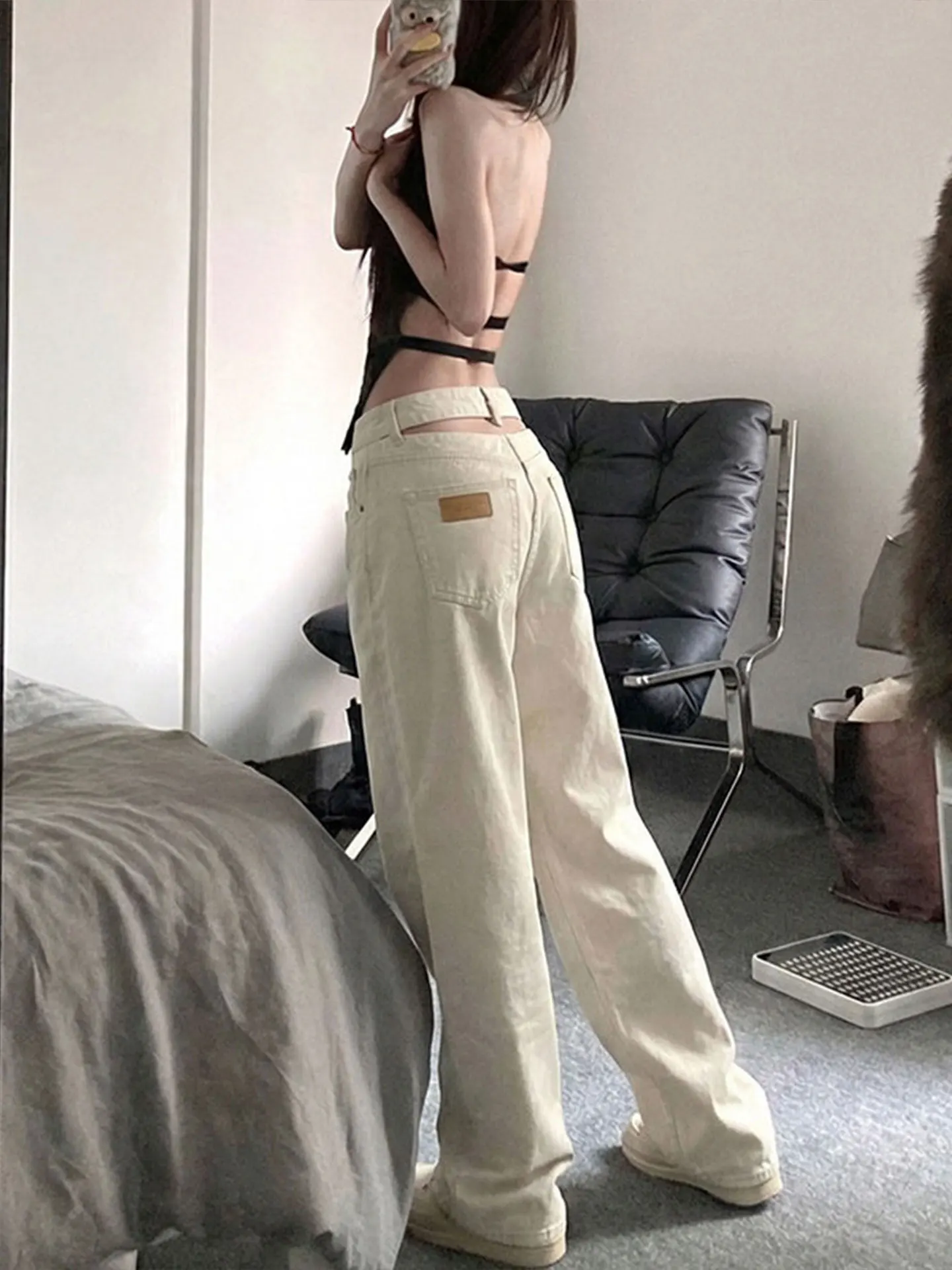 

American High Street Hollow out Denim Wide Leg Pants Women Summer Small Size Pleated Elegant High Waist Straight Long Trousers
