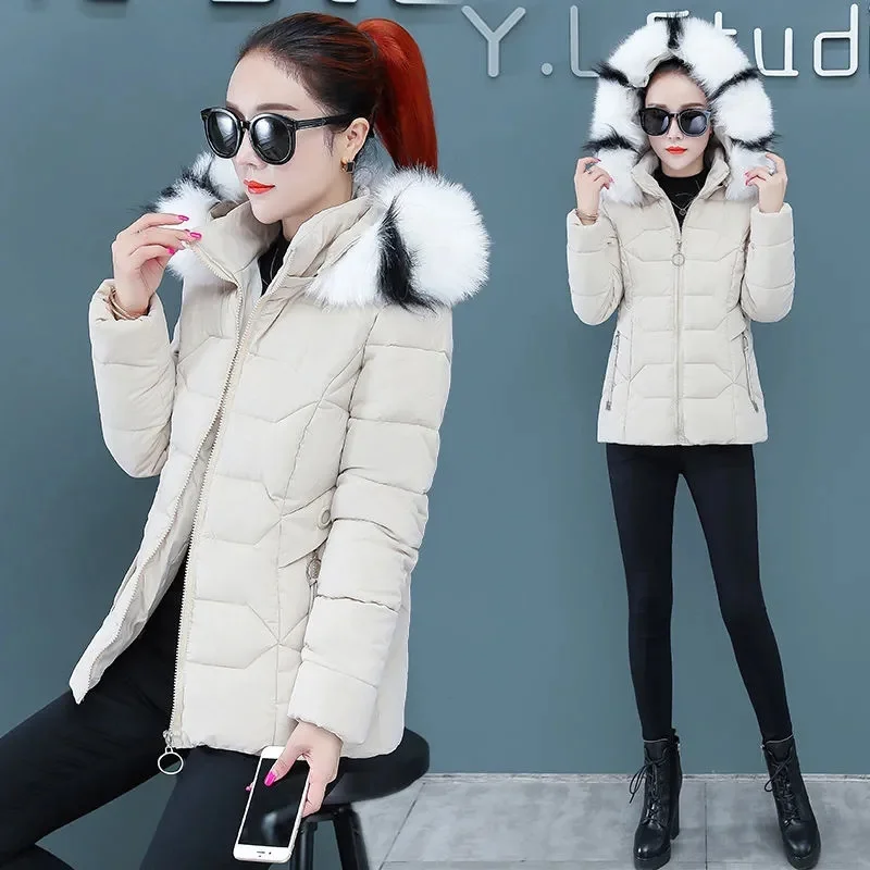 2023 New Winter Coat Women Parka Fur Collar Hooded Female Puffer Coats Casual Down Cotton Jacket Parkas Thick Warm Outerwear