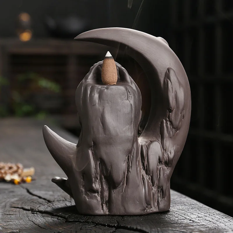 Purple Clay Moon Buddha Hand Backflow Incense Burner Creative Moon Buddha Head Sandalwood Smoke Backflow Decorative Incense Burn