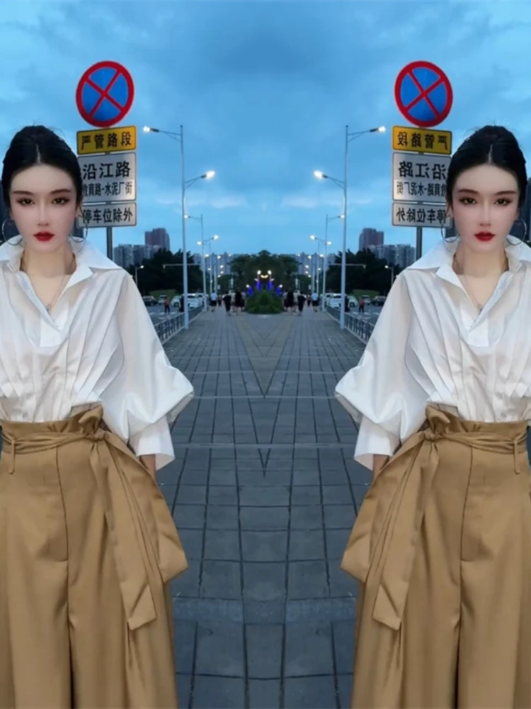 

Exquisite commute two-piece set for women's spring new loose solid color long sleeved shirt with lace up wide leg pants