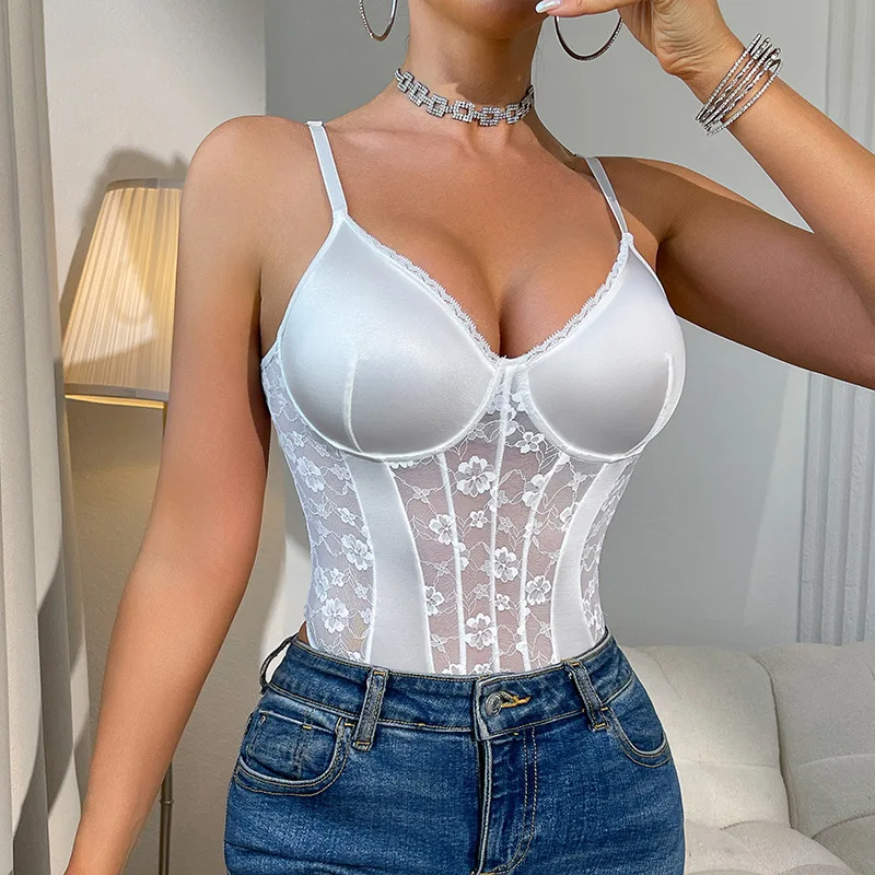 New Cross-Border Trade European And American Style Deep V Neck Strap Onesie Mesh Hollow out Pure White Lace Amazon Bestseller