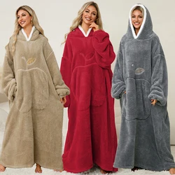 Extra Long Blanket for Women Men Oversized Hoodies Winter Thick Plush Pyjama with Sleeves Adult Pullover Fleece Giant TV Blanket