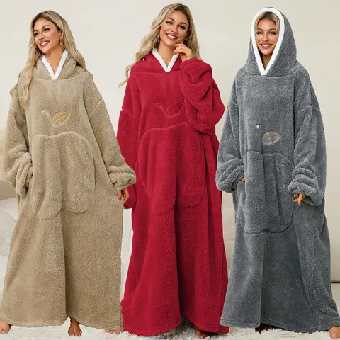 Extra lange Decke für Damen und Herren, übergroße Kapuzenpullover, Winter, dicker Plüsch-Pyjama mit Ärmeln, Pullover für Erwachsene, Fleece, riesige TV-Decke