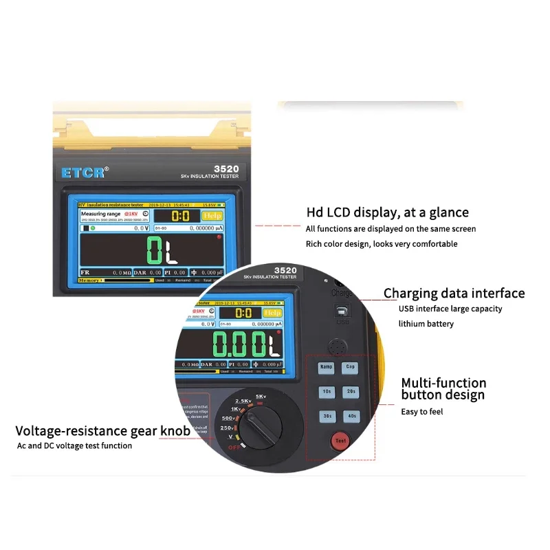 ETCR3500 ETCR3500B High Voltage Insulation Resistance Tester 2TΩ/5TΩ 5KV/10KV HD LCD Display Digital Earth Resistance Multimet