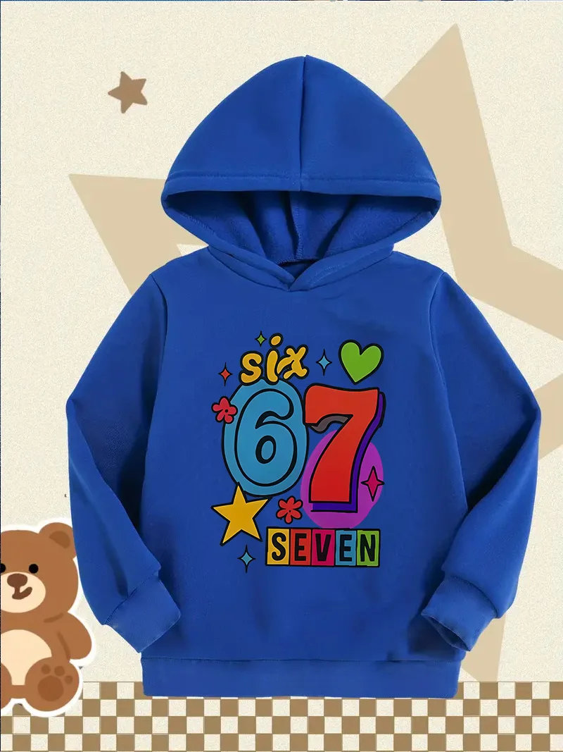 

Толстовка с капюшоном с мультяшным принтом "SIX SEVEN 67" для малышей и детей – идеально подходит для школы, игр и повседневного комфорта