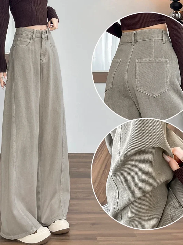 Trendy Tea Grey Curved Knife Pants Women's Jeans High Waist Loose Fit Denim High Quality Autumn New Style Small Size Popular