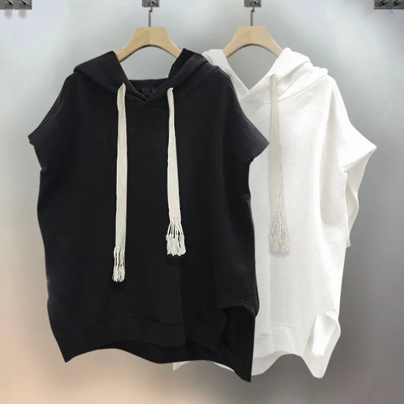 Summer Hooded Men Sweatshirt Korean Fashion All-match Cool Boys Sleeveless Drawstring Vest T Shirt Harajuku Casual 2xl Oversized