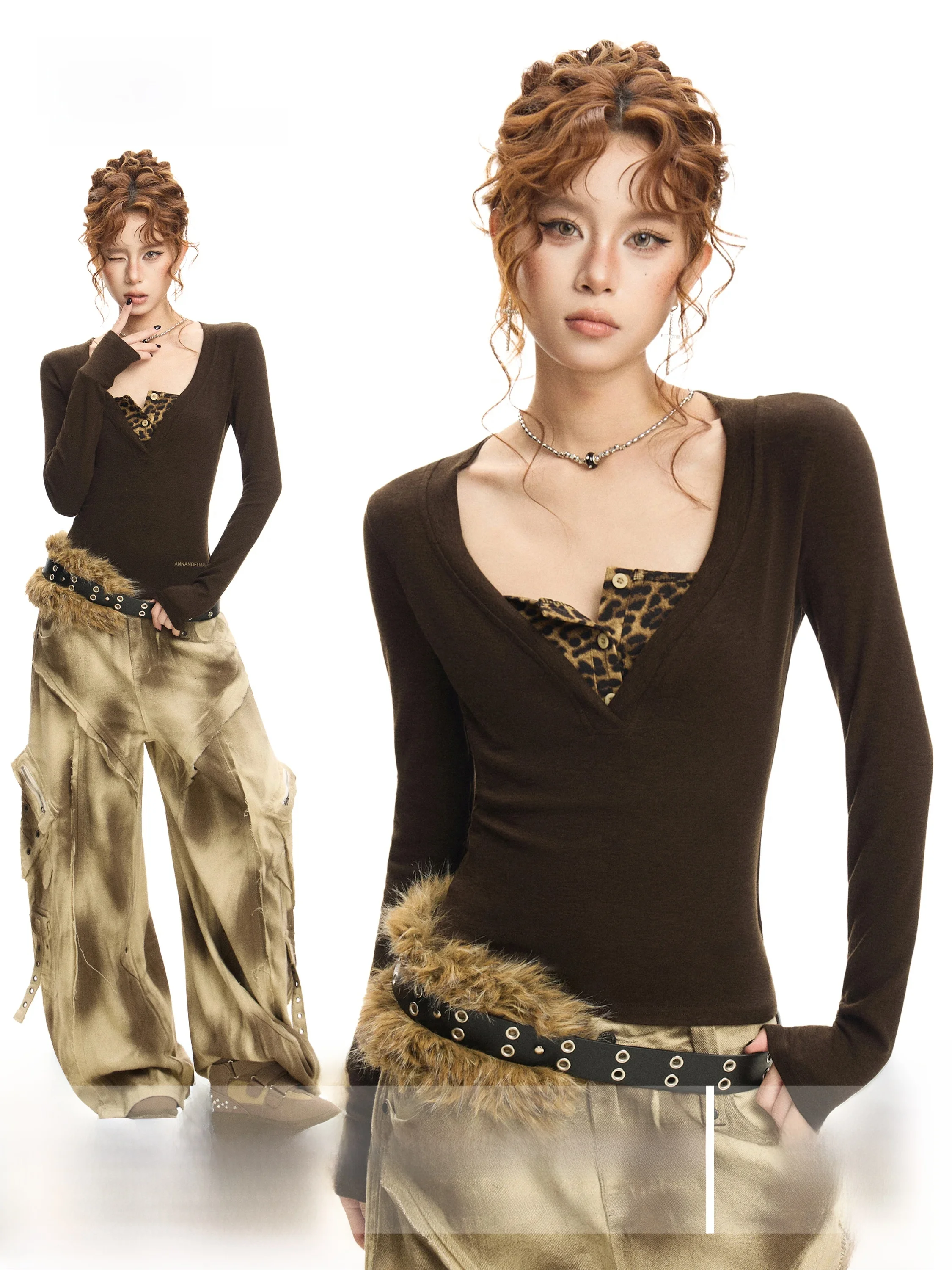 American Style Leopard Print Slim Fit Long Sleeve V-Neck T-Shirt Women's Autumn Winter Short Design Sense Inner Wear Top