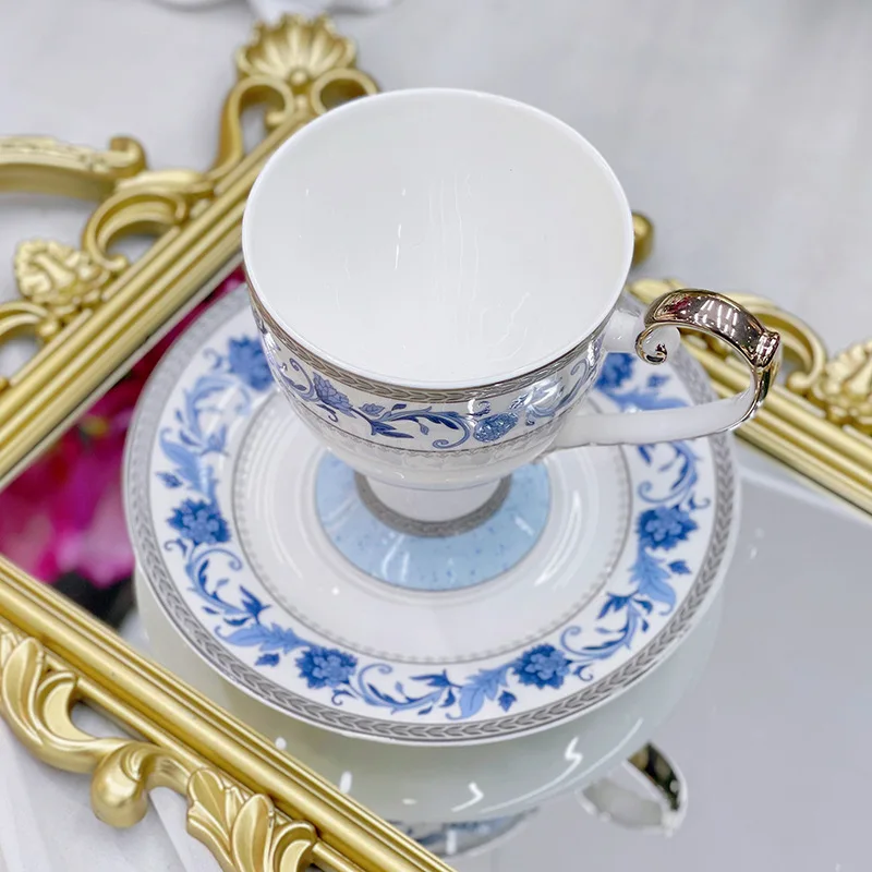 British ceramic coffee cups and plates with spoons, European afternoon tea cups with bone china set