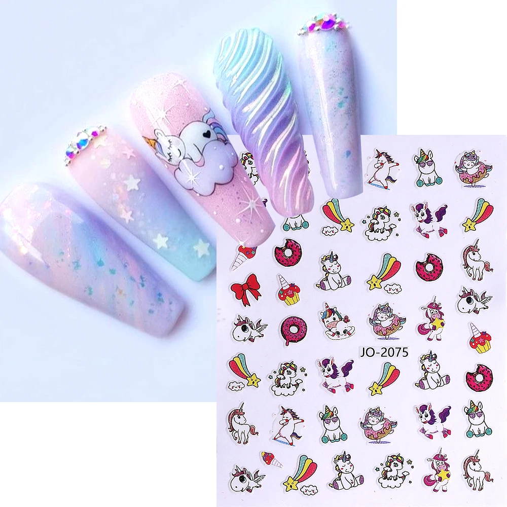 6 pçs bonito unicórnio adesivos de unhas 3d kawaii estrela amor coração arco-íris arco nuvens auto-adesivo decalques da arte do prego manicure decoração