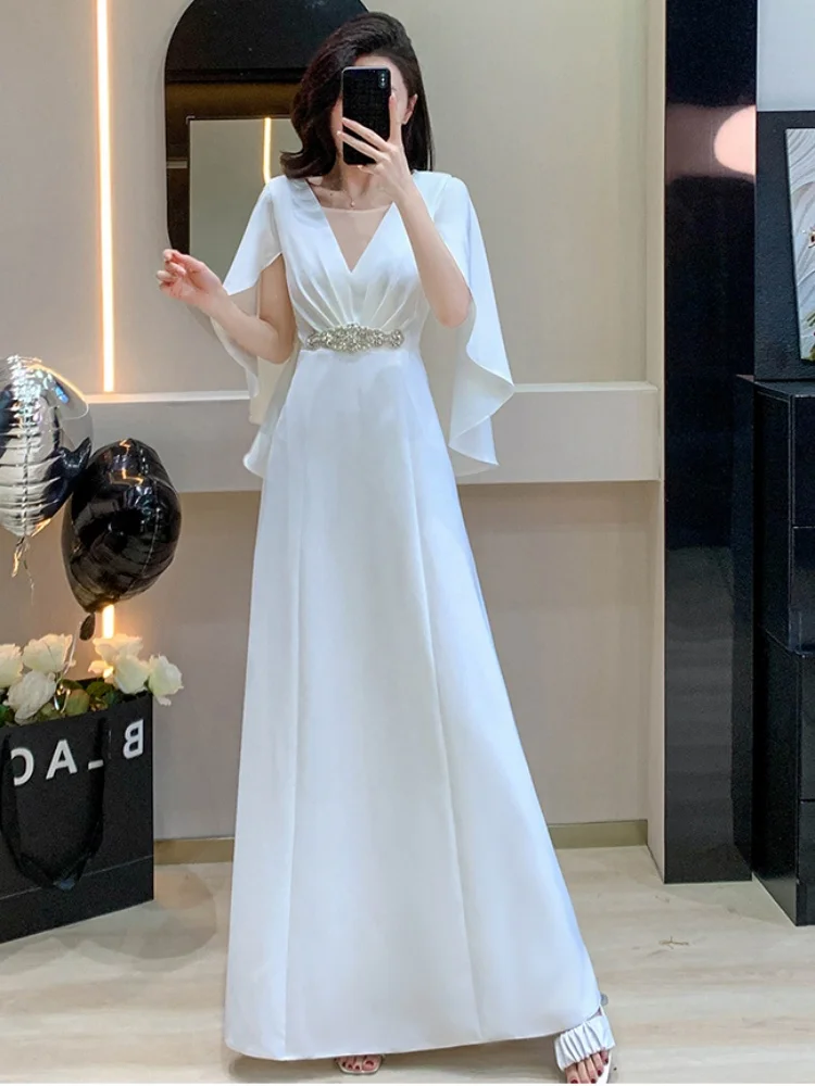 Solidne wyszczuplające temperament eleganckie sukienki dla kobiet wokół szyi biała luksusowa długa sukienka z koralikami kobieca elegancka odzież nowość