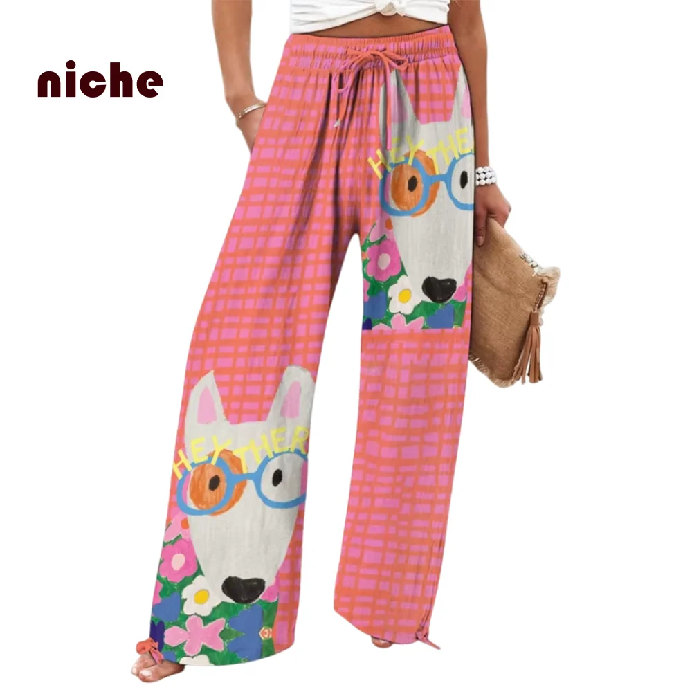 Y2k Style Women's Casual Pants Cute Pink Plaid Puppy Graphic Printing Fashion Trend Cotton And Linen High Quality Wide-Leg Pants