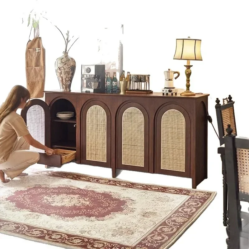 

French antique side cabinet solid wood furniture rattan household storage