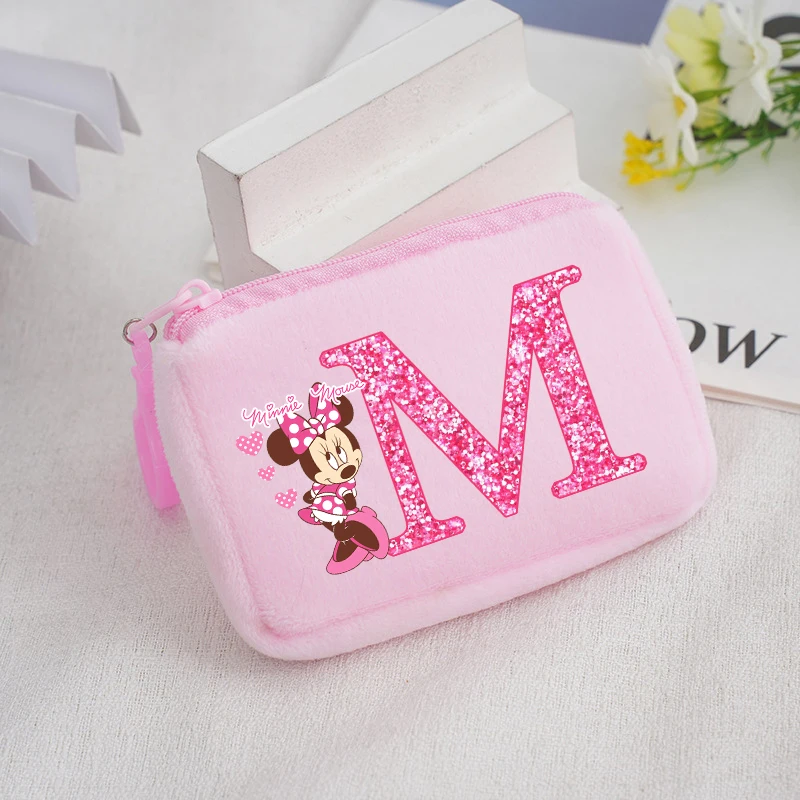 Minnie Mouse Square Plush Coin Purse Disney Anime Cartoon Letter Printed Wallet Boys Girls Kawaii Mini Key Storage Bags Gifts