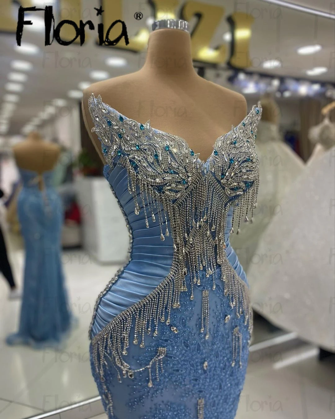 Vestido de cóctel azul con cristales brillantes para mujer, vestidos de graduación de sirena largos por debajo de la rodilla, Duabi, vestidos de noche formales para celebración de cumpleaños