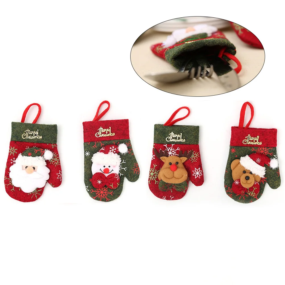 

4Pcs Christmas Cutlery Bags Fork Spoon Glove Shaped Holders Exquisite Hanging Ornaments for Tree Door Window Decor