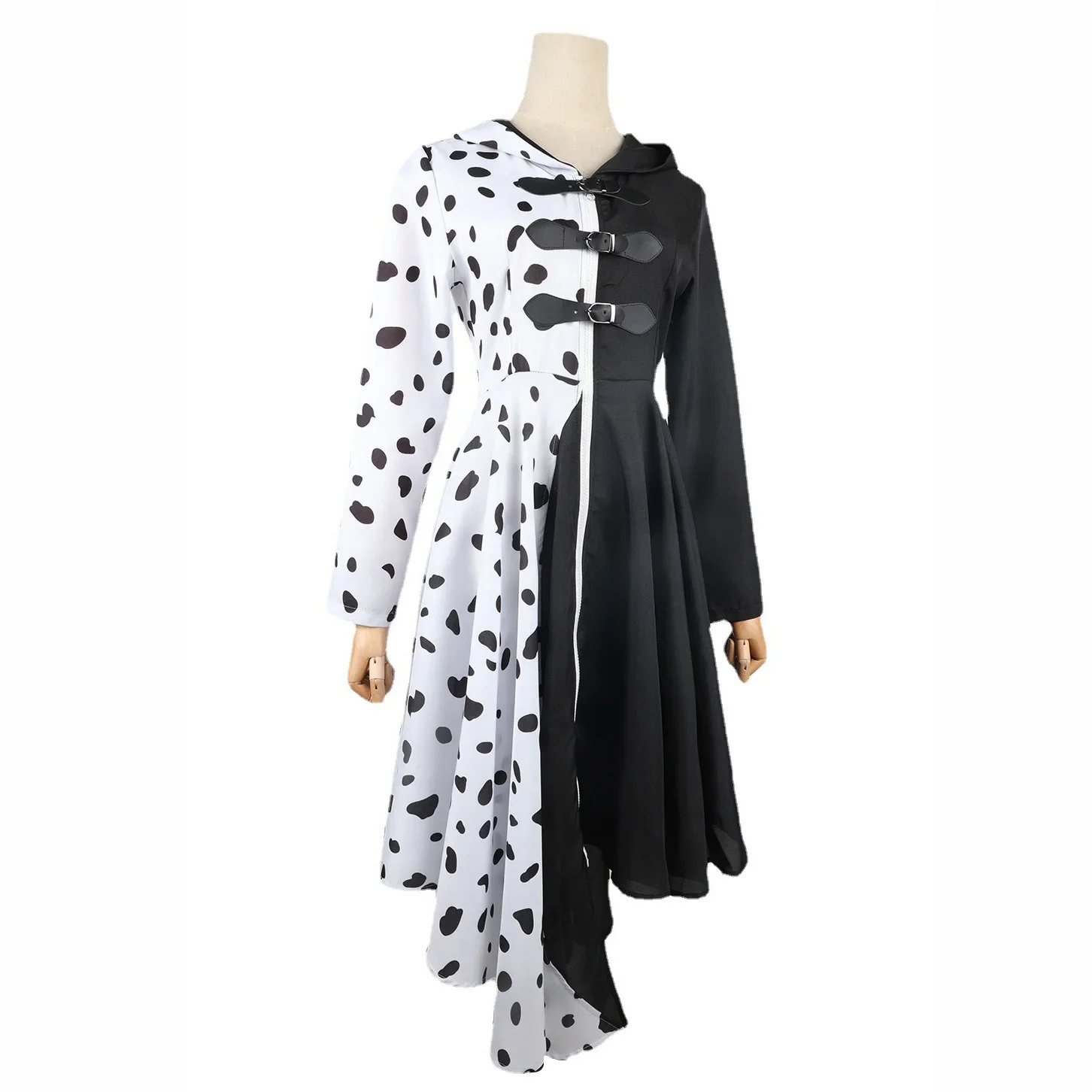 أنيمي Volwasss Cruella De Vil تأثيري ، أزياء الهالوين ، Pruiken ، Dalmatiërs ، Cruella Zwart ، Wit Jurk