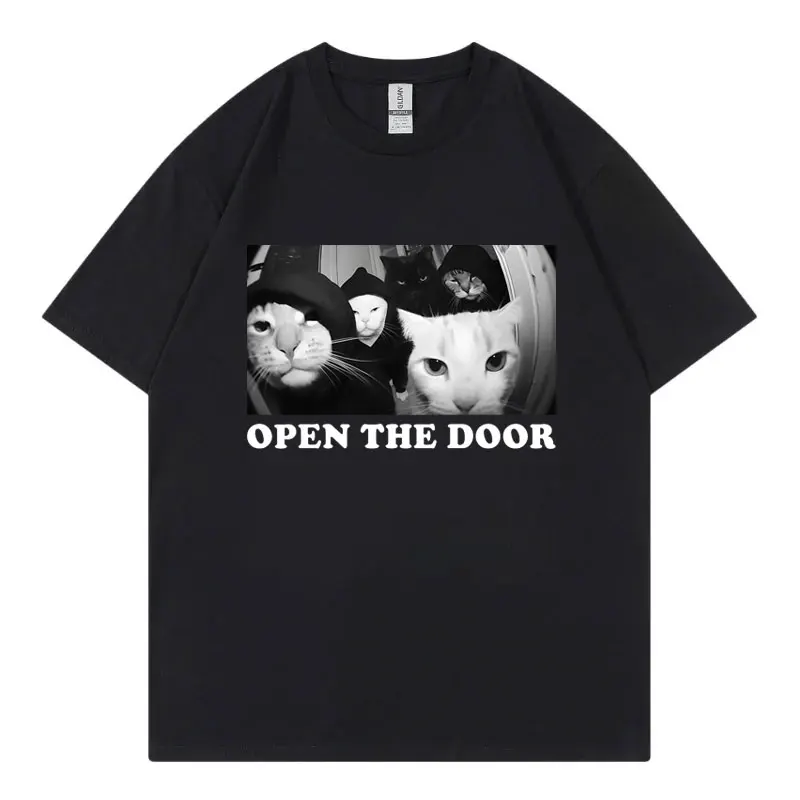 Open The Door Funny Cat Gang Meme T-shirt Men Women High Street Fashion Trend T Shirt Summer Casual Loose Short Sleeve T-shirts