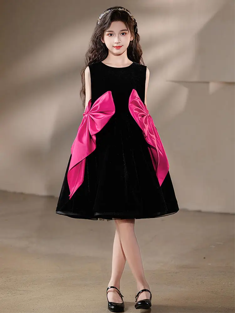 Robe de princesse noire pour filles, longueur genou, anniversaire, performance