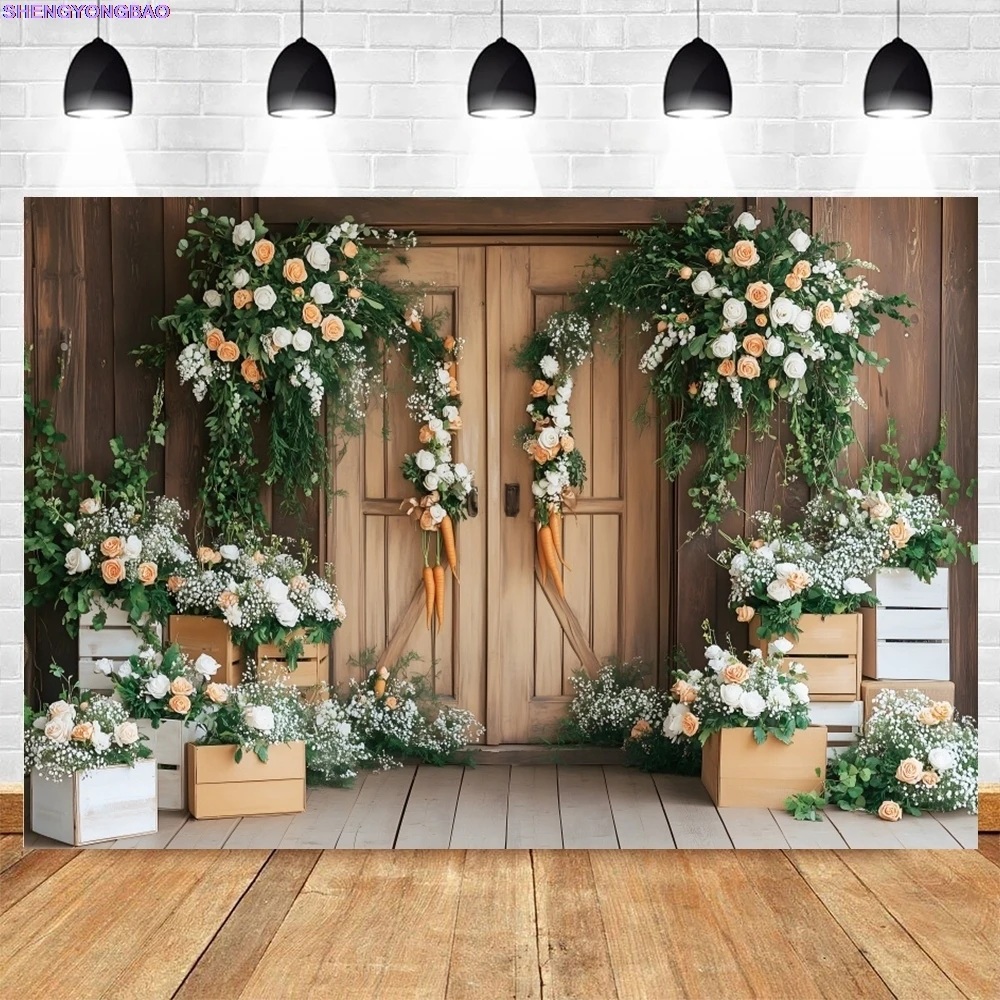 2025 фон для фотосъемки с Пасхой, весенние цветы, деревянная дверь, морковь, кролик, яйца, трава, капуста, детский фон для дня рождения