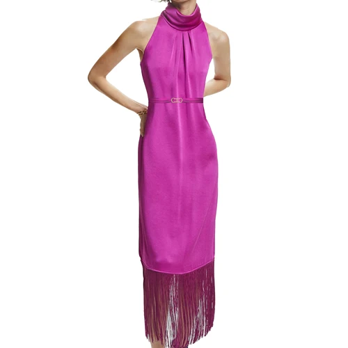 Imagen 2 del producto CHCH nuevo vestido de fiesta para mujer, vestido estilo cuello colgante, cuello alto, sin mangas, falda con flecos, dobladillo, cinturón, vestido de noche