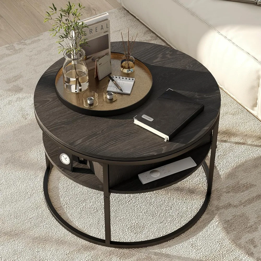 Table basse ronde relevable, tables basses de salon, table basse noire avec compartiment de rangement caché, café de ferme en bois
