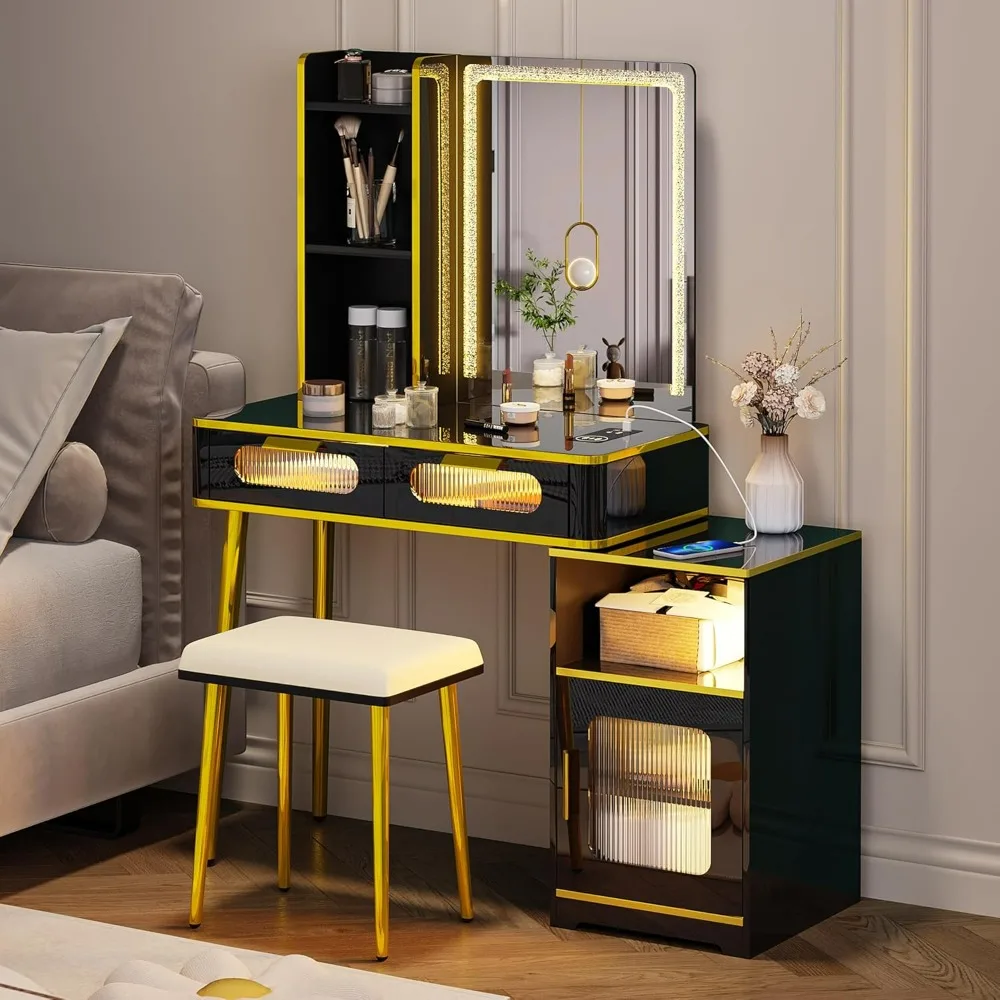 Vanity Desk with Mirror and Lights, Makeup Vanity with Charging Station, Drawers & Stool, Dressing Table with Jewelry Organizer