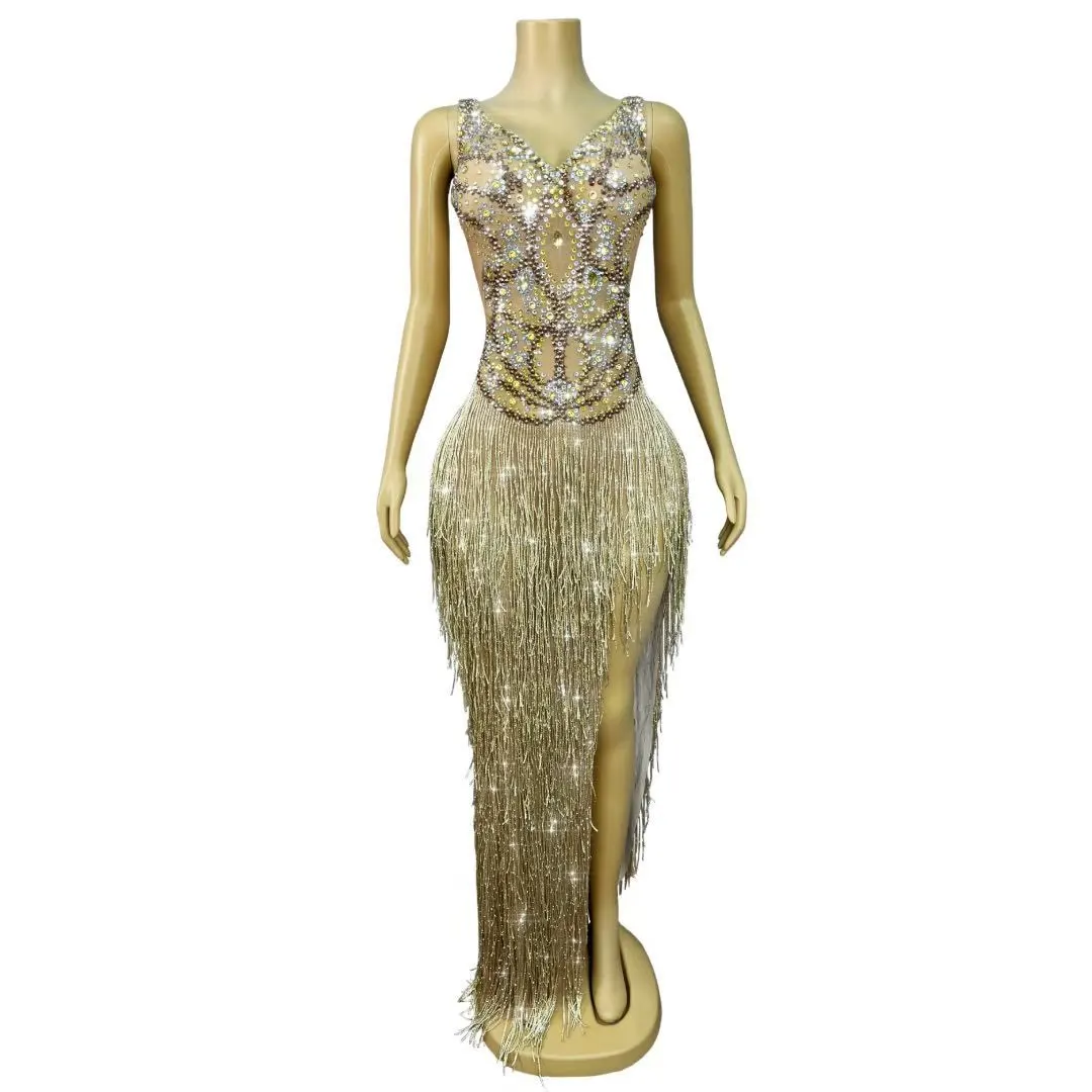 

Сексуальное блестящее платье с камнями и длинными бахромами, с высоким разрезом, для коктейльных вечеринок, дней рождения, вечерних мероприятий, красной дорожки, сценических выступлений.