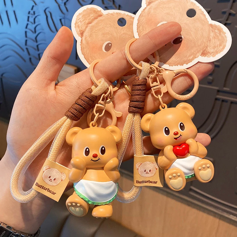 3D Cartoon Bear wearing an Apron Keychain Pendant Adorable Animal Doll Key Chain Gift For Women Men Child's Birthday Present