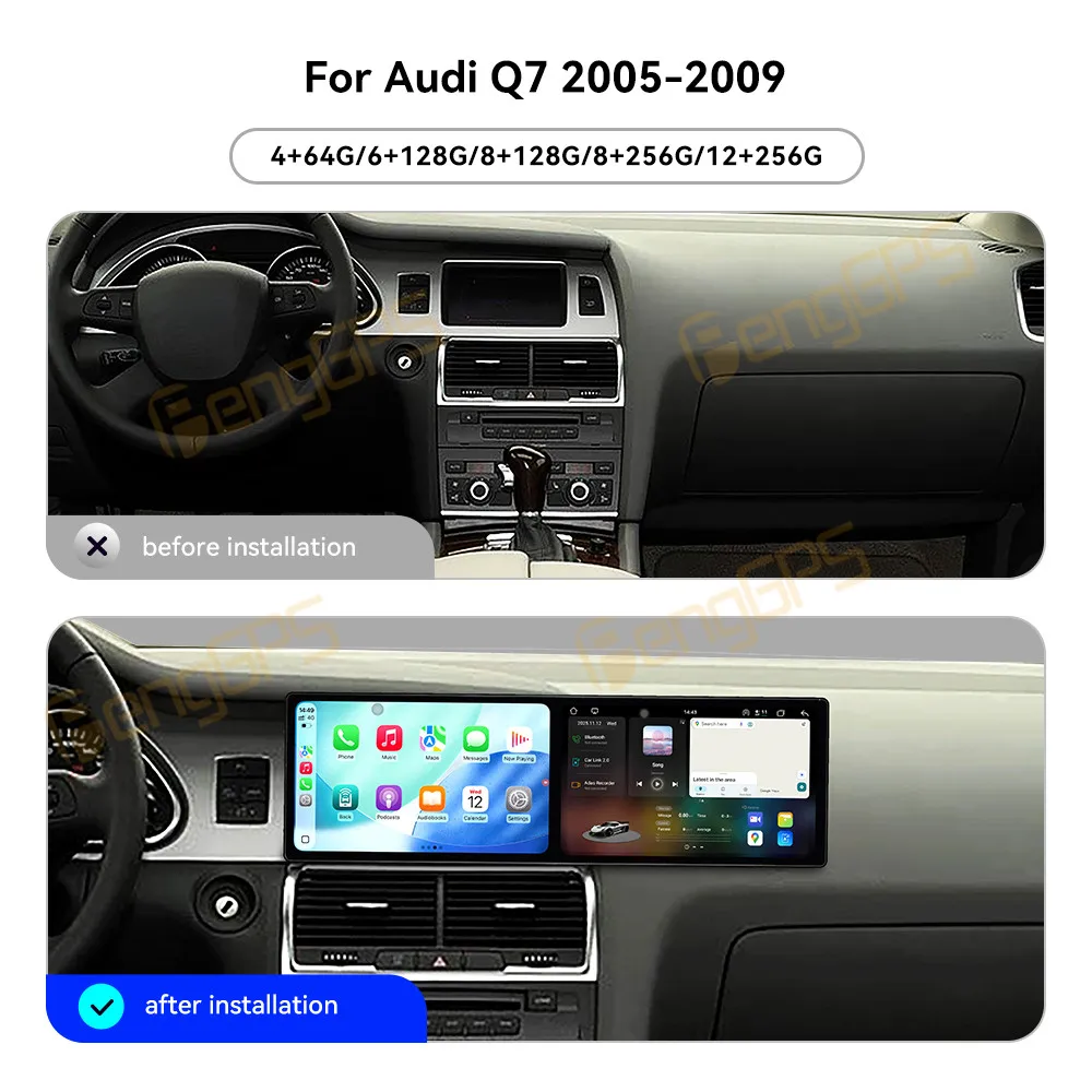 

Двойной 12,3-дюймовый Android Auto для Audi Q7 2005 2006-2009, автомобильный радиоприемник, беспроводной мультимедийный плеер Carplay, сенсорный экран, стерео WIFI 4G BT