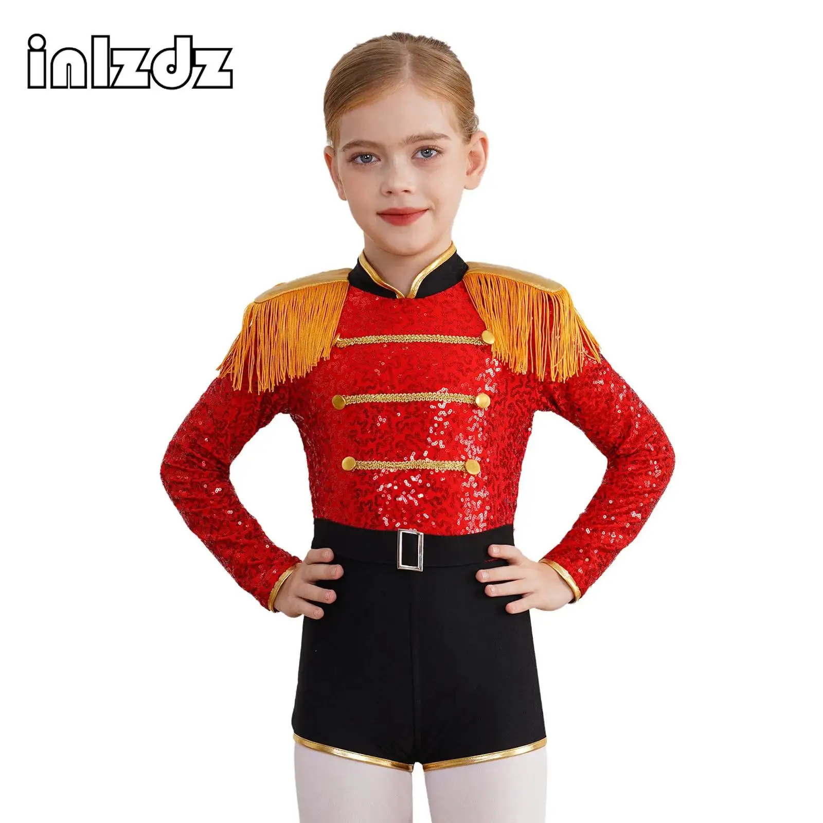 Kids Girls Circus Ringmaster Costumes Sequins Leotard Long Sleeve Fringed Bodysuit Halloween Party Carnival Ballet Dancewear