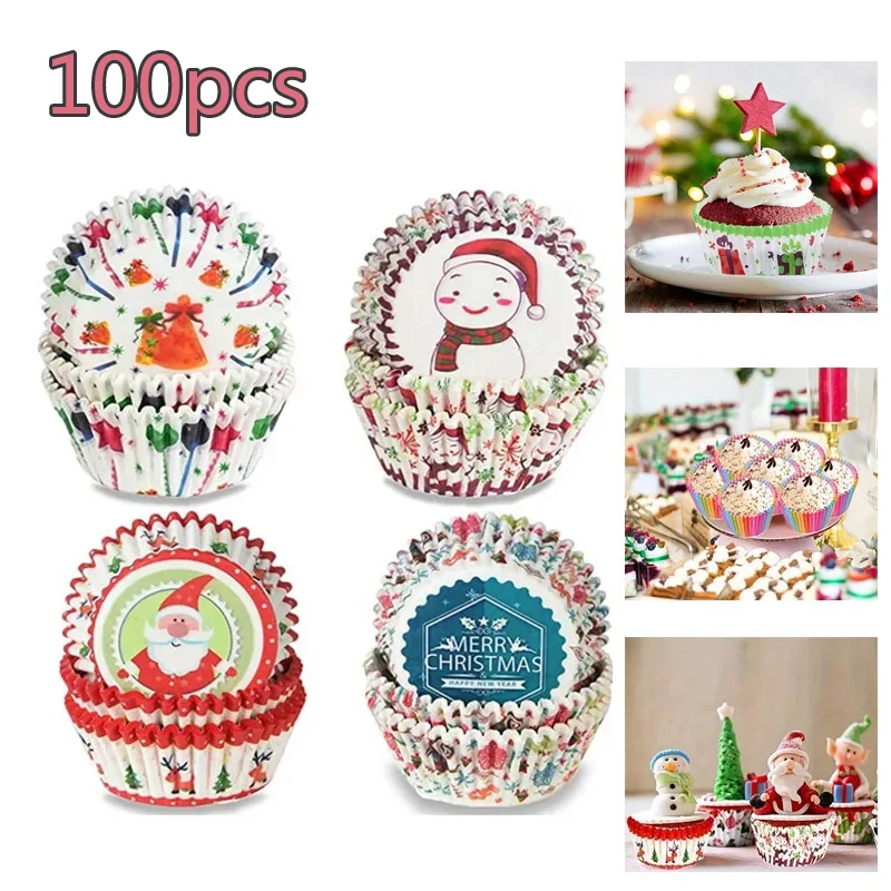 

100Pcs Christmas Cupcake Paper Cups Muffin Cupcake Liners Santa Christmas Tree Pattern Merry Cake Mold Baking Party Decorations