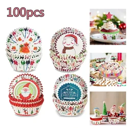 100Pcs Christmas Cupcake Paper Cups Muffin Cupcake Liners Santa Christmas Tree Pattern Merry Cake Mold Baking Party Decorations